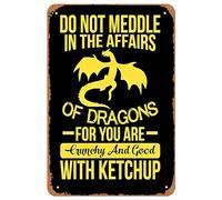 Do Not Meddle in the Affairs of Dragons Funny Sarcastic Metal Tin Sign Dragon Bathroom Sign Vintage Style Iron Painting for Home Bedroom Cafe Kitchen Wall Decor 8x12 inch Inch