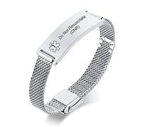 Do Not Resuscitate Engraved Medical ID Bracelet Matching Stainless Steel Mesh ID Strap Watchband for Mens Womens Friends Teens Adjustable SOS Emergency Mesh Wire Belt Buckle Medical Alert Bracelets