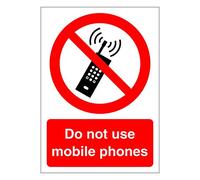 Do not use mobile phones prohibition safety sign - Self adhesive vinyl sticker 100mm x 140mm - Warns that an activity is not permitted (10)