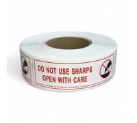 Do Not Use Sharps Open with Care Warning Label Stickers, Roll of 500, Size 76mm x 25mm, Do Not Use Knife to Open Stickers