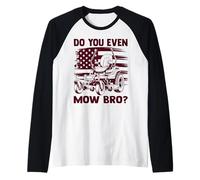 Do You Even Mow Bro Lawn Mower Care Landscaper American Flag Raglan Baseball Tee