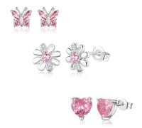 DOA 3 Pairs 925 Sterling Silver Plated Stud Earrings Set for Girls, Cute Heart Butterfly Daisy Cubic Zirconia Girls Earrings, Tiny Hypoallergenic Cartilage Earring for Teen Women-Pink