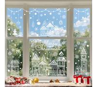 DOA 3 Sheets Christmas Window Stickers, 28×13 Inch Xmas Window Stickers, Double-Side Snowflake Snowman Building Clings Decorations for Xmas Window Indoor Decorations