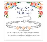 DOA 30th Womens Birthday Gifts, 30th Birthday Bracelet, Adjustable Silver Bead Bracelet with Rose Gold Heart with Card for Mum Sister Daughter Grandma