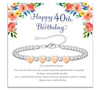 DOA 40th Womens Birthday Gifts, 40th Birthday Gifts for Women, Adjustable Silver Bead Bracelet with Rose Gold Heart, with Card for Mum Sister Daughter Grandma
