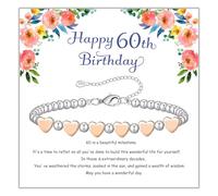 DOA 60th Womens Birthday Gifts, 60th Gifts for Women, Adjustable Silver Bead Bracelet with Rose Gold Heart with Card for Mum Sister Daughter Grandma