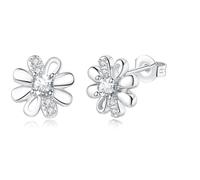 DOA Daisy Sterling Silver Plated Stud Earrings, Silver Earrings With White Zircondia Crystals, White Flower Earring Jewellery Gifts For Girls
