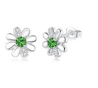DOA Daisy Titanium Earrings, Silver Earrings with Zircondia Crystals, Green Flower Earring Jewellery Gifts for Girls