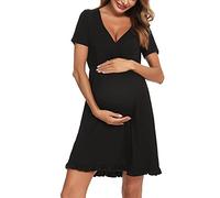 Doaraha Doraha Womens Maternity Nightdress Breastfeeding Nightgown Nursing Nightwear V-Neck Short Sleeve Ruffle Cotton Nightshirt Labor Hospital B-Black XL