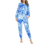 Doaraha Women's Long Sleeve Pajamas Set, Blue Tie-Dye, XXL