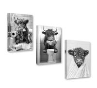 DOARTDO Highland Cow Bathroom Wall Art Funny Animal Canvas Prints 3 Pieces Black and White Cattle Pictures Cute Animal Painting Restroom Toilet Decor Framed (16x24inchx3Pcs)