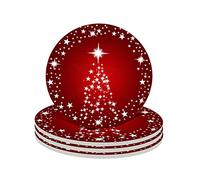 DoawBang Silver Star Christmas Tree Coasters, Set of 4, Ceramic+Cork Base, 4 Inches, Round