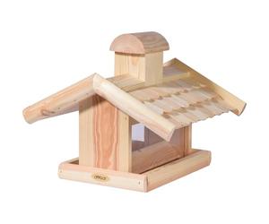 dobar® 21277e Large Bird Feeder with Feeder Silo - Solid Wood Bird House - Bird Villa with Wooden Shingle Roof - Bird Feeder for Stand Mounting - 38 x 38 x 30 cm - Natural