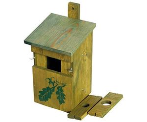 dobar® 22157e Nesting Box Camouflage "Oak" - Nesting Cave Flat Roof with Interchangeable Entrance Holes Diameter 28 mm / Diameter 35 mm & Half Cave - Nesting Aid for Wild Birds - 18.5 x 20 x 32 cm - Green