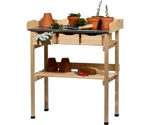 dobar® Plant Table with 3 Drawers and Shelf, Solid Wood Flower Table with Protective Caps, Outdoor Garden Table with Galvanised Worktop, 78 x 38 x 88 cm, Natural