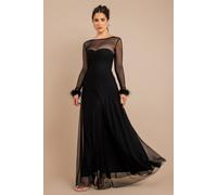 Dobby Mesh Feather Sleeve Hem Maxi Goddiva Black 14