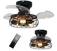 Dobecd Retro Ceiling Light with Retractable Fan Blade 4w Bulb Cage Ceiling Fans with Lights and Remote Control Timer 6 Speed Reversible Small Ceiling Fan Lamp for Bedroom, Hallway, Entrance Hall,Iron