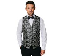 Dobell Mens Black/Silver Waistcoat Regular Fit 5 Button Edwardian Swirl Jacquard Pattern-L (42-44in)