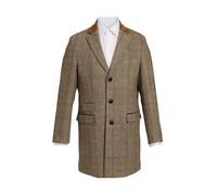 Dobell Mens Brown/Blue Check Tweed Overcoat Regular Fit Wool Blend Velvet Trim-2XL (50-52in)