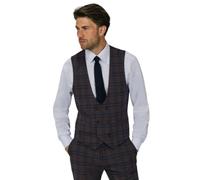 Dobell Mens Burgundy/Blue Waistcoat Regular Fit Windowpane Check Double Breasted