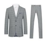 Dobell Mens Grey with Tan Check 2 Piece Suit Regular Fit Peak Lapel (38R Jacket with 32R Trousers)