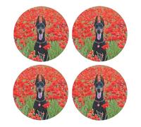 Doberman Pinscher In The Flower,Round MDF Cork Coasters, Mugs Pad, Cups Mat Set of 4 Drinks Coasters
