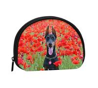 Doberman Pinscher in The Flower, Women's Storage Bag Shell Makeup Bag Small Coin Purse Shell Change Pouch