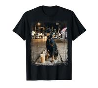 Doberman Pinscher Night City Cool Dog with Coffee T-Shirt