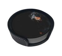 Doberman Pinscher Pets Dogs Black Dogs Doberman,Set of 6 Round Coasters, Pu Leather Drinks Coasters with Holder for Home Office Kitchen