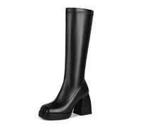 DOBOYG Knee High Boots Women Platform Chunky Block Heel Stretchy Square Toe Tall Patent Leather Long Boots, A-black, 3 UK