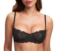 DOBREVA Women's Balconette Bra Floral Sheer Lace Unlined Underwire Push Up Black 36C