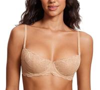 DOBREVA Women's Balconette Bra Floral Sheer Lace Unlined Underwire Push Up Warm Beige 42B