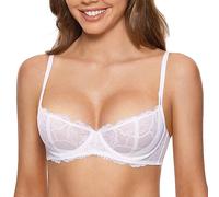 DOBREVA Women's Balconette Bra Floral Sheer Lace Unlined Underwire Push Up White 34DD