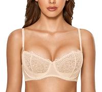 DOBREVA Women's Lace Balconette Bra Half Cup Non Padded Push Up Underwire Sheer Bras Beige_Eyelash lace 36B