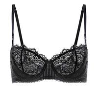 DOBREVA Women's Lace Balconette Bra Half Cup Non Padded Push Up Underwire Sheer Bras Black_Eyelash lace 32A