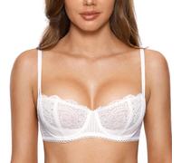 DOBREVA Women's Lace Balconette Bra Half Cup Non Padded Push Up Underwire Sheer Bras White 36D
