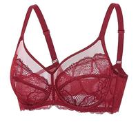 DOBREVA Women's Lace Full Coverage Minimiser Bra Unlined Underwire See Through Plus Size Bra Chinese Red 36D