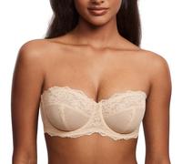 DOBREVA Women's Lace Strapless Bra See Through Unlined Sheer Convertible Underwire Plus Size Bras Beige 40E