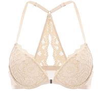 DOBREVA Women's Push Up Bra Support Racer Back Front Fastening Lace Padded Plunge Underwired Bra Beige 32DD