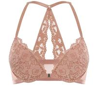 DOBREVA Women's Push Up Bra Support Racer Back Front Fastening Lace Padded Plunge Underwired Bra Cream Coffee 34AA