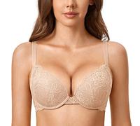DOBREVA Women's Push Up Lace Bra Sexy Plunge Padded Underwire Support Bras Lift Up Beige 36DD