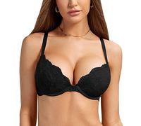 DOBREVA Women's Push Up Lace Bra Sexy Plunge Padded Underwire Support Bras Lift Up Black 32D