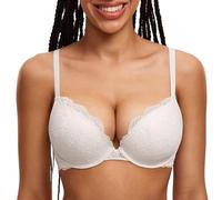 DOBREVA Women's Push Up Lace Bra Sexy Plunge Padded Underwire Support Bras Lift Up Coconut White 38A