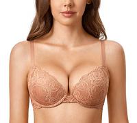 DOBREVA Women's Push Up Lace Bra Sexy Plunge Padded Underwire Support Bras Lift Up Cream Coffee 34A