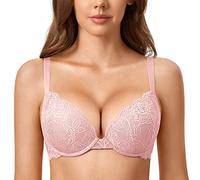 DOBREVA Women's Push Up Lace Bra Sexy Plunge Padded Underwire Support Bras Lift Up Gentle Rose 36D