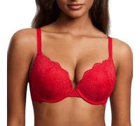 DOBREVA Women's Push Up Lace Bra Sexy Plunge Padded Underwire Support Bras Lift Up Lipstick Red 34A