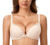 DOBREVA Women's Push Up Lace Bra Sexy Plunge Padded Underwire Support Bras Lift Up Rose White 36B