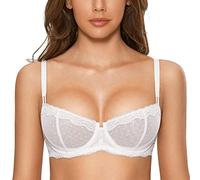 DOBREVA Women's Sexy Lace Balconette Bra Unlined Underwire Open Half Cup Bra See Through Sheer Balcony Bra White 34A