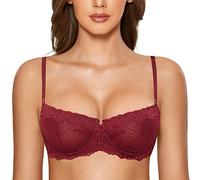 DOBREVA Women's Sexy Lace Balconette Bra Unlined Underwire Open Half Cup Bra See Through Sheer Balcony Bra Dark Red 38D
