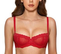DOBREVA Women's Sexy Lace Balconette Bra Unlined Underwire Open Half Cup Bra See Through Sheer Balcony Bra Lipstick Red 34B